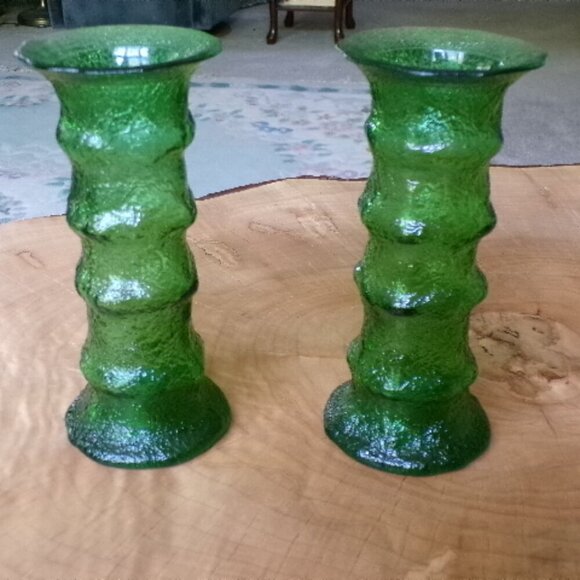 Rare E.O. Brody Emerald Crinkle Glass Vases  Dual-Use Candleholders  USA Made - Picture 3 of 7